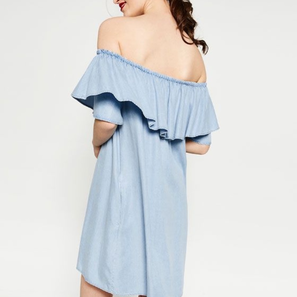 Zara Ruffled Off-the-Shoulder Chambray Mini Dress